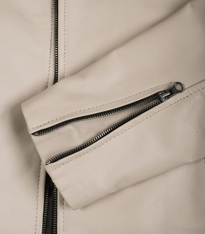 Beige Leather Biker Jacket for Men featuring a Mandarin Collar
