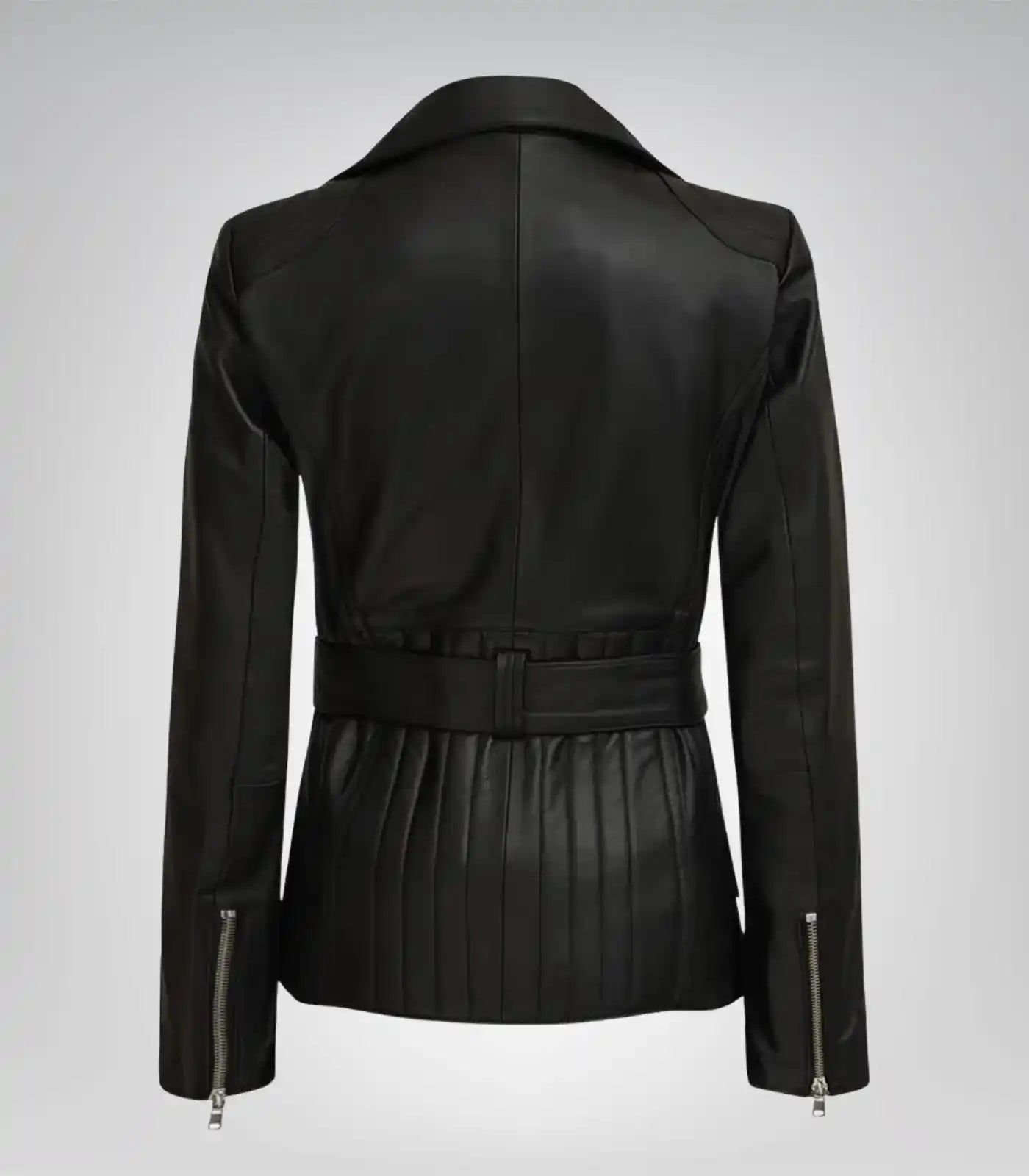 Women’s real leather longline biker jacket in black with waist belt
