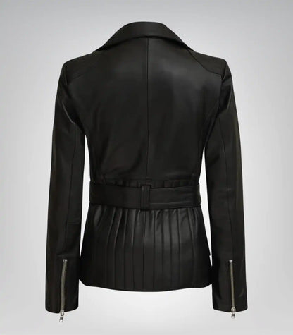 Women’s real leather longline biker jacket in black with waist belt