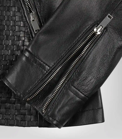 Stylish black textured leather motorcycle jacket for women