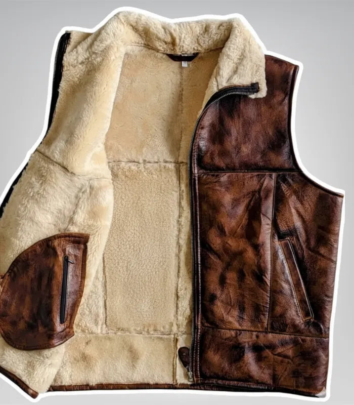 Men’s real leather gilet – classic brown shearling winter vest