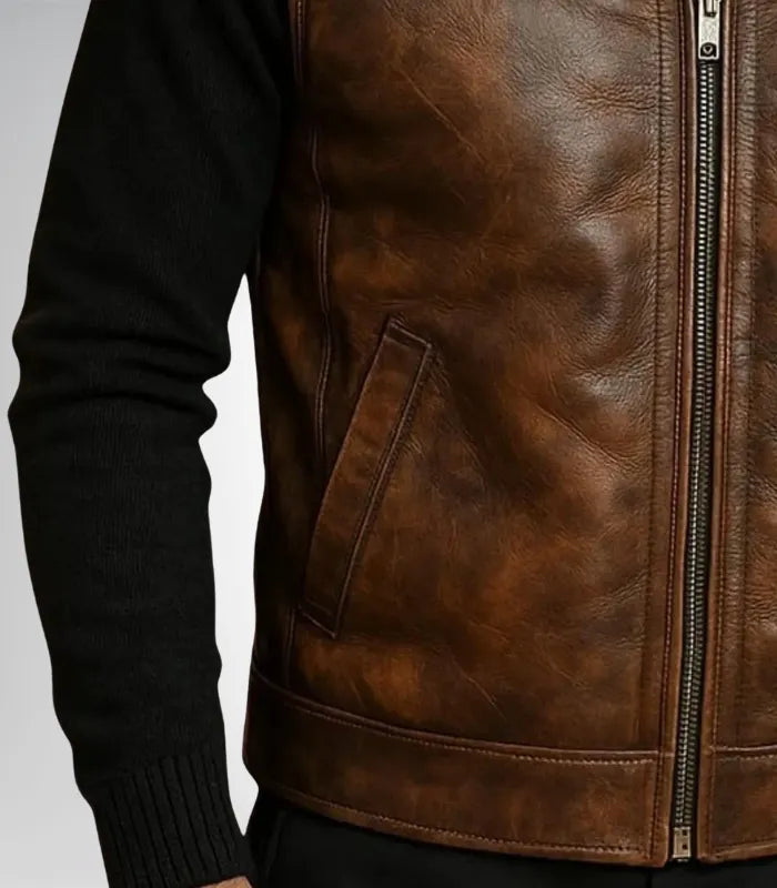 Men’s Western Cowboy Bomber Jacket – Weathered Brown Leather, Aged Lambskin