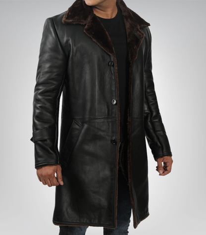 Men’s 3/4 Length Genuine Black Leather Coat with Brown Shearling Lining