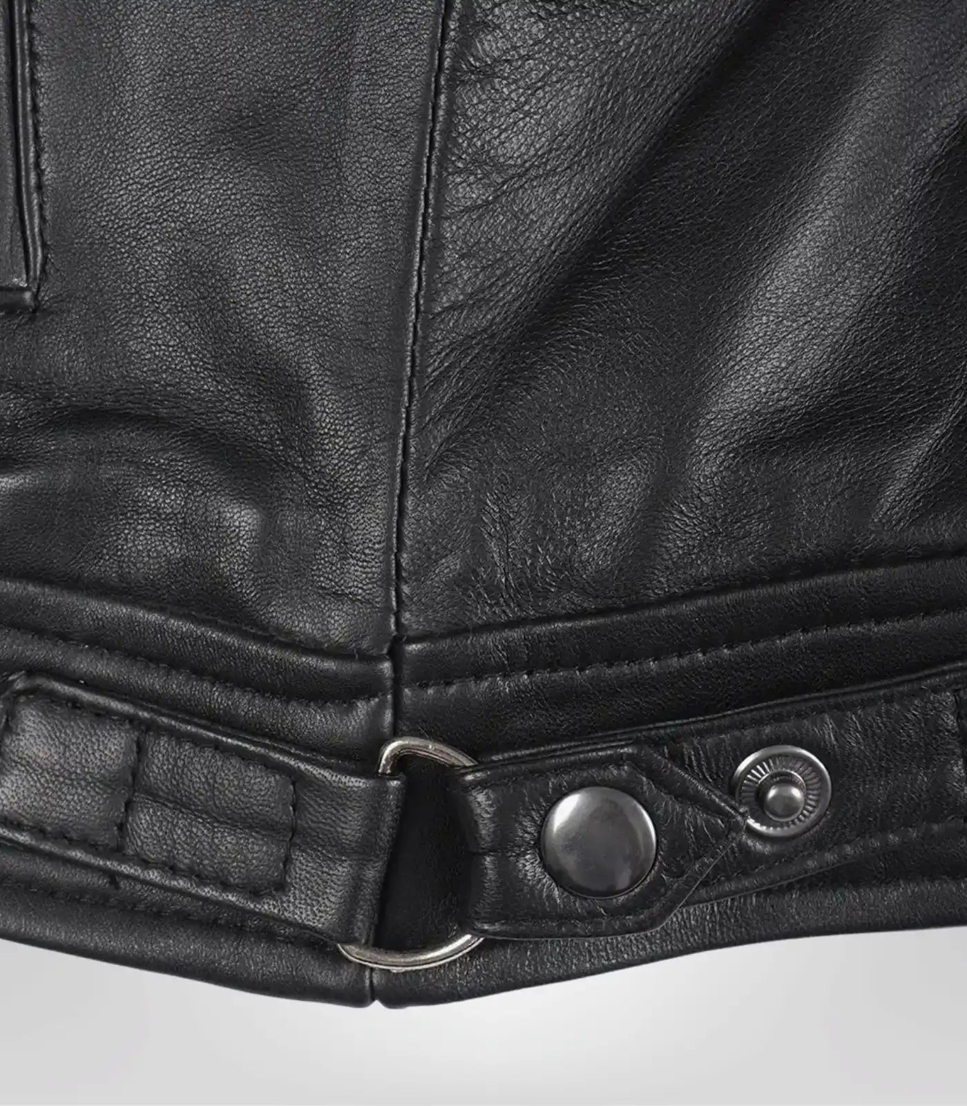 Women’s moto-style black leather jacket crafted with quilted design