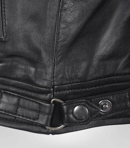 Women’s moto-style black leather jacket crafted with quilted design