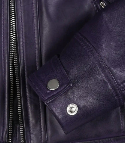 Stylish women’s purple leather biker jacket featuring quilted shoulders