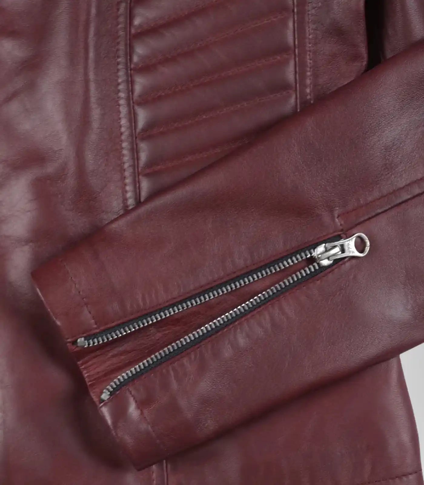 Stylish women’s leather motorcycle jacket in burgundy