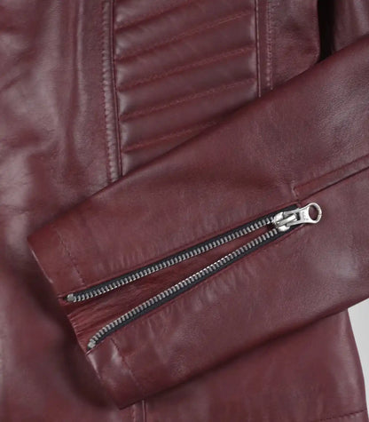 Stylish women’s leather motorcycle jacket in burgundy