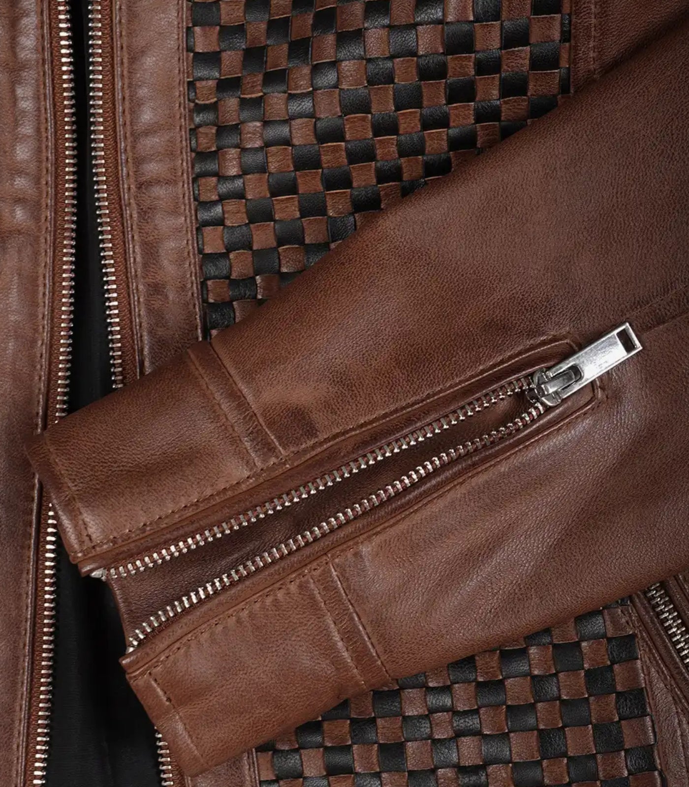 Women’s real leather cognac biker jacket with textured design
