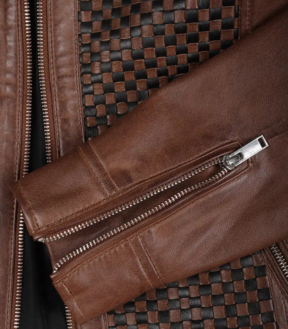 Women’s real leather cognac biker jacket with textured design