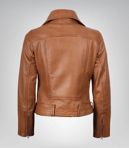 Women’s tan motorcycle leather jacket with belt and angled front design