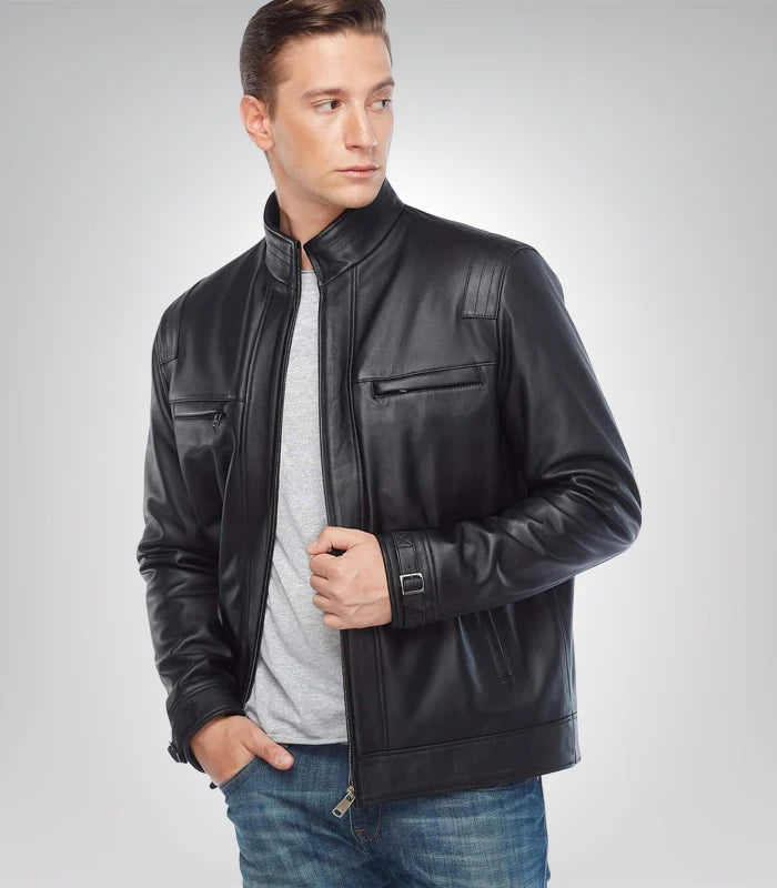 Stylish black biker jacket for men made from real leather