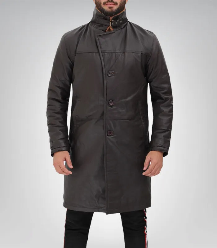 Men’s Dark Brown Leather Shearling Coat 3/4 Length