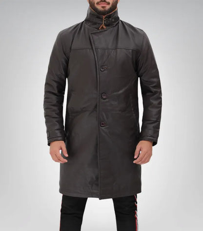 Men’s Dark Brown Leather Shearling Coat 3/4 Length
