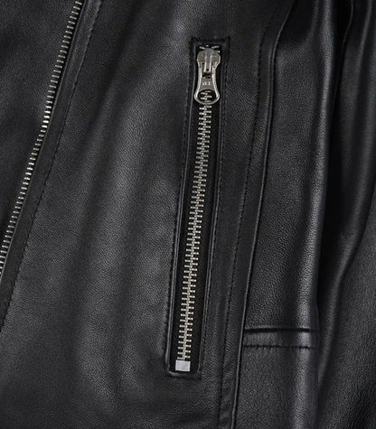 Stylish genuine black leather biker jacket for women in asymmetrical style