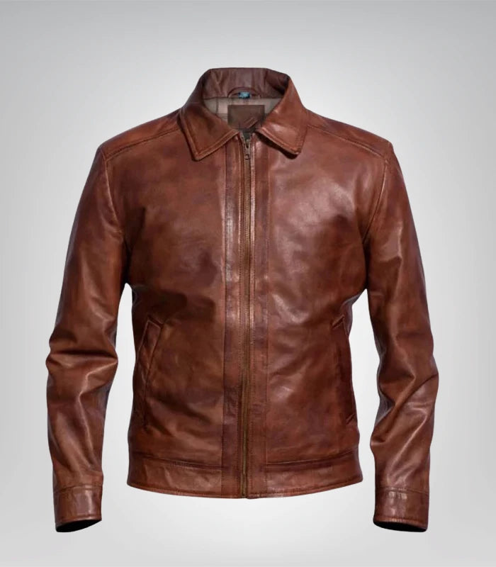 Classic men’s slim fit biker jacket – brown distressed leather finish