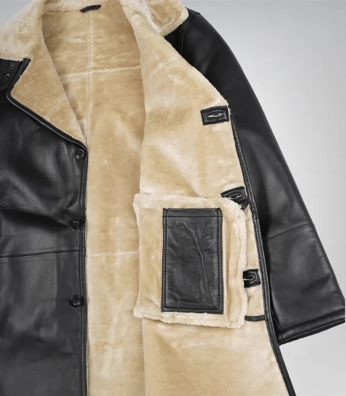 Men’s Black 3/4 Length Genuine Leather Coat with Faux Shearling Lining