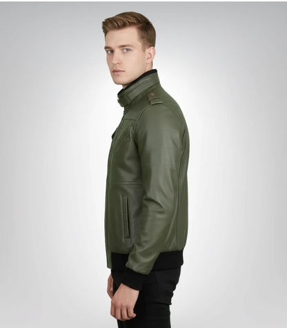 Men's genuine leather bomber jacket – army green military design