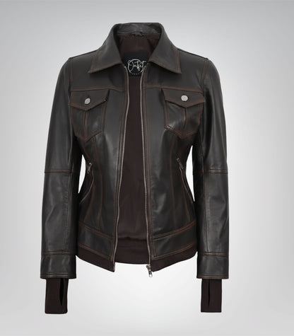Women’s Genuine Leather Brown Bomber Jacket with Detachable Hood