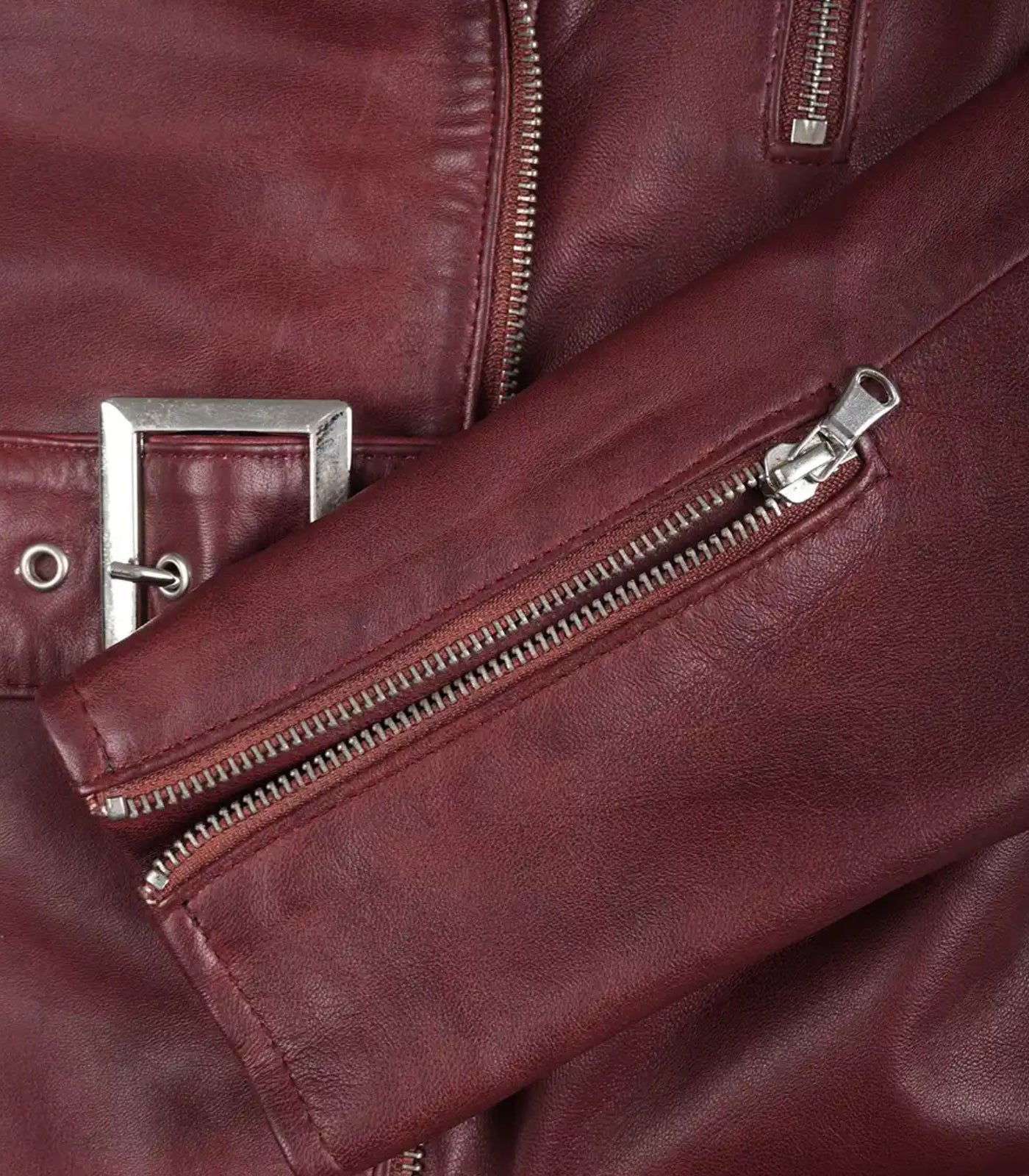 Maroon belted asymmetrical leather jacket for women