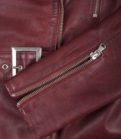 Maroon belted asymmetrical leather jacket for women