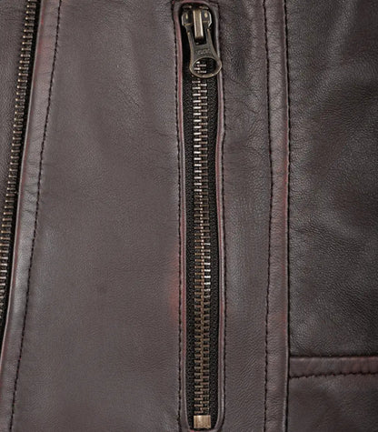 Dark brown asymmetrical biker-style leather jacket for women