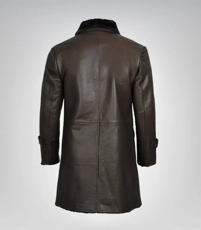 Men’s Mid-Length Dark Brown Leather Coat – Warm Faux Shearling Winter Wear