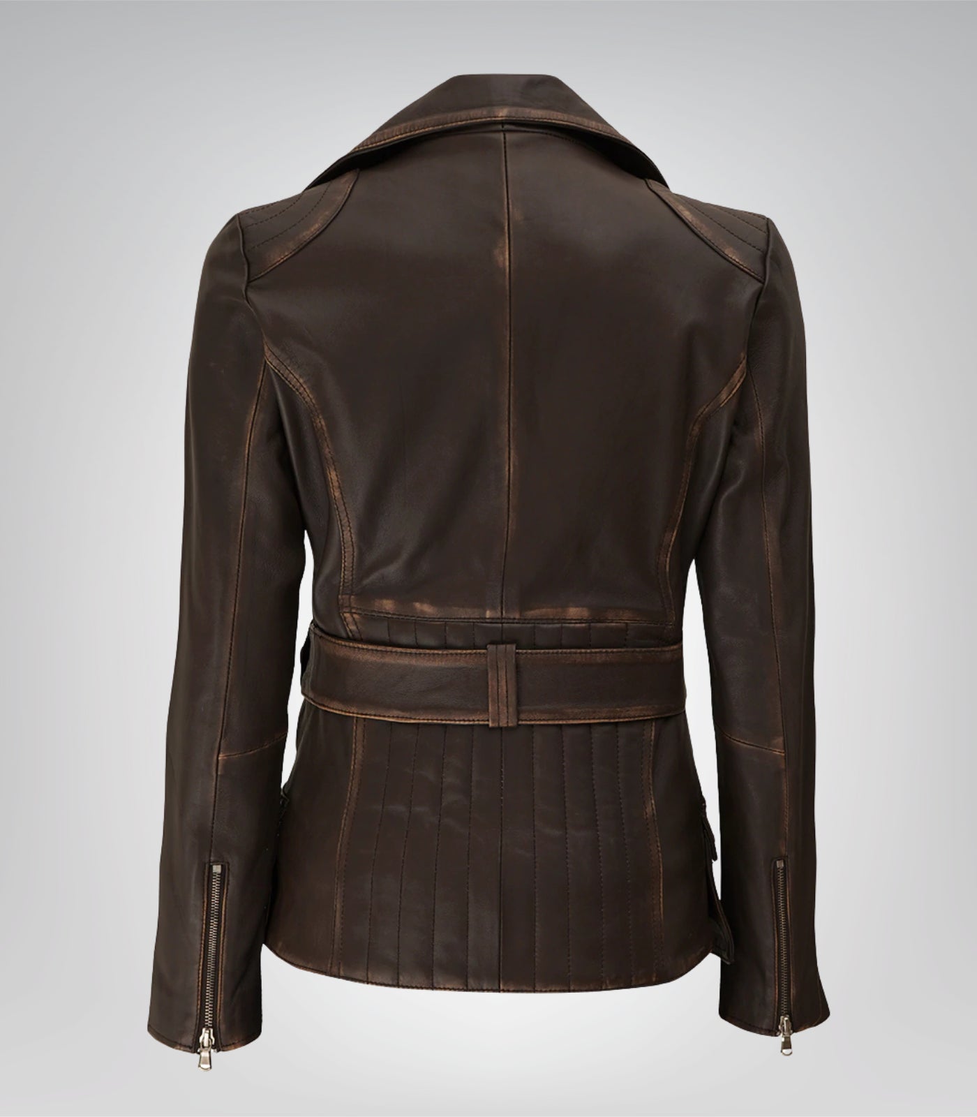 Brown distressed leather longline jacket for women