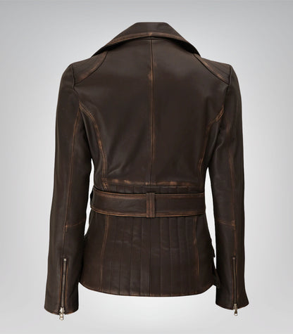 Brown distressed leather longline jacket for women