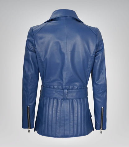 Women’s Blue Leather Biker Jacket with Asymmetrical Front and Belt