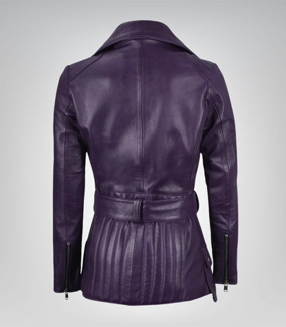 Women’s Purple Real Leather Biker Jacket with Belted Waist