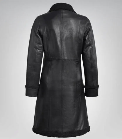 Women’s genuine leather coat – 3/4 length black design with faux shearling warmth