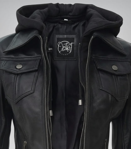 Real leather black bomber jacket for women with removable hood by Céleste