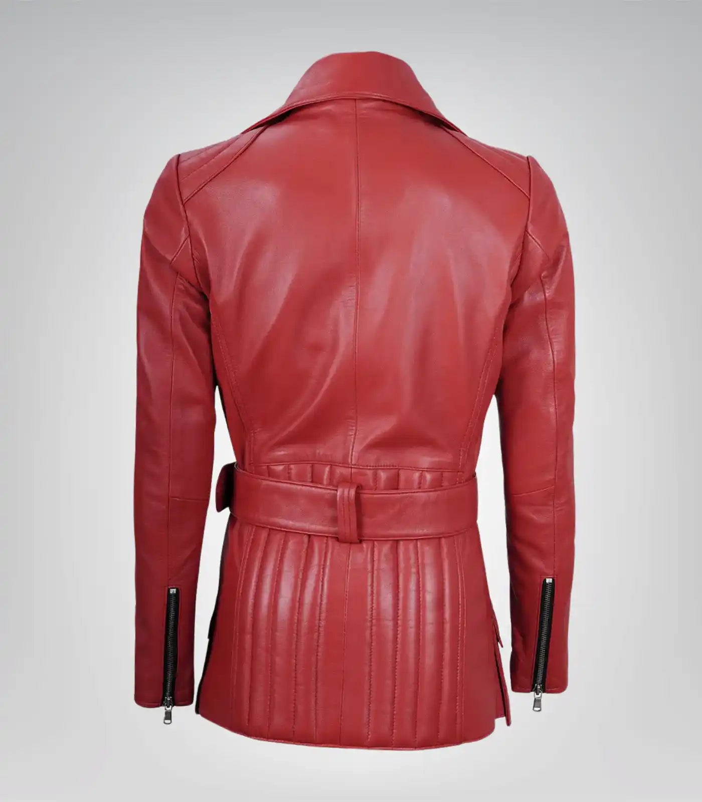 Women’s genuine red leather moto jacket with belt detail