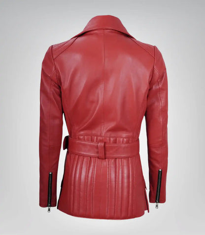 Women’s genuine red leather moto jacket with belt detail