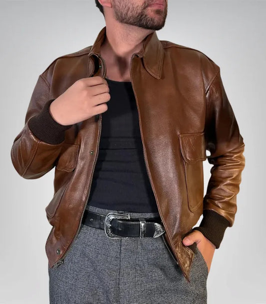 Men’s classic brown leather bomber jacket – vintage aviator style outerwear