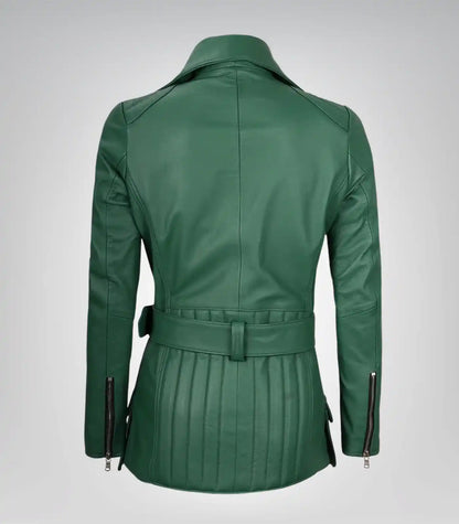 Women’s genuine green leather belted motorcycle jacket