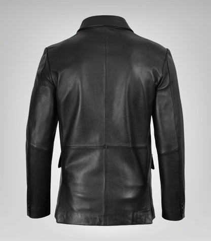 Men’s genuine black leather three-button blazer with traditional notch lapel