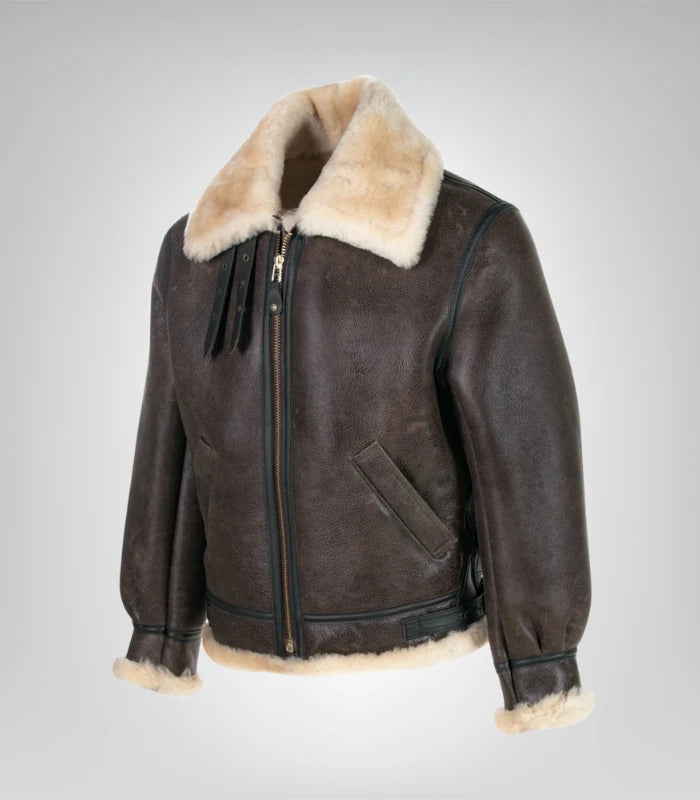 Warm men’s brown leather outerwear – classic shearling style