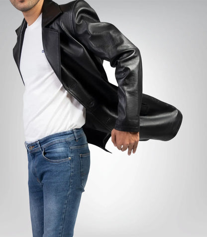 Men’s long black leather overcoat – classic timeless real leather trench