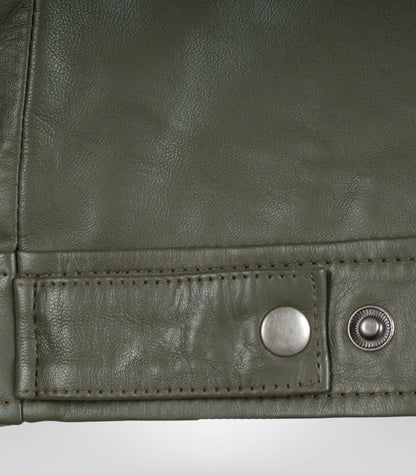 Men’s Olive Green Leather Jacket with Classic Shirt Collar