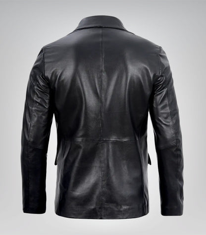 Men’s Two-Button Black Leather Blazer with Notch Lapel