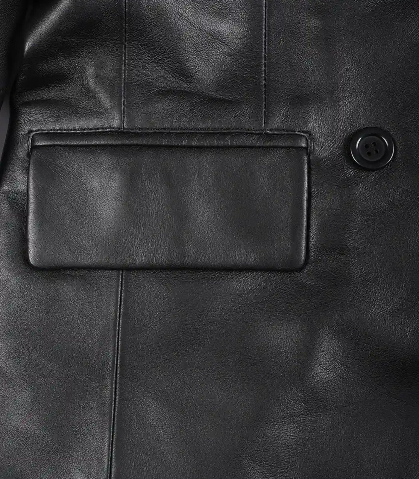 Women’s genuine black leather double-breasted coat