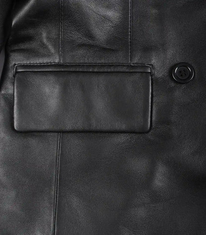 Women’s genuine black leather double-breasted coat
