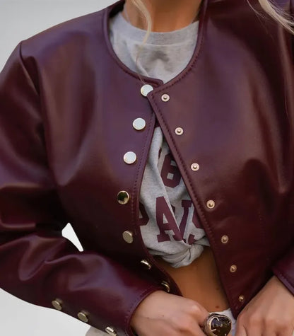 Trendy short burgundy leather jacket – elegant women’s cropped blazer