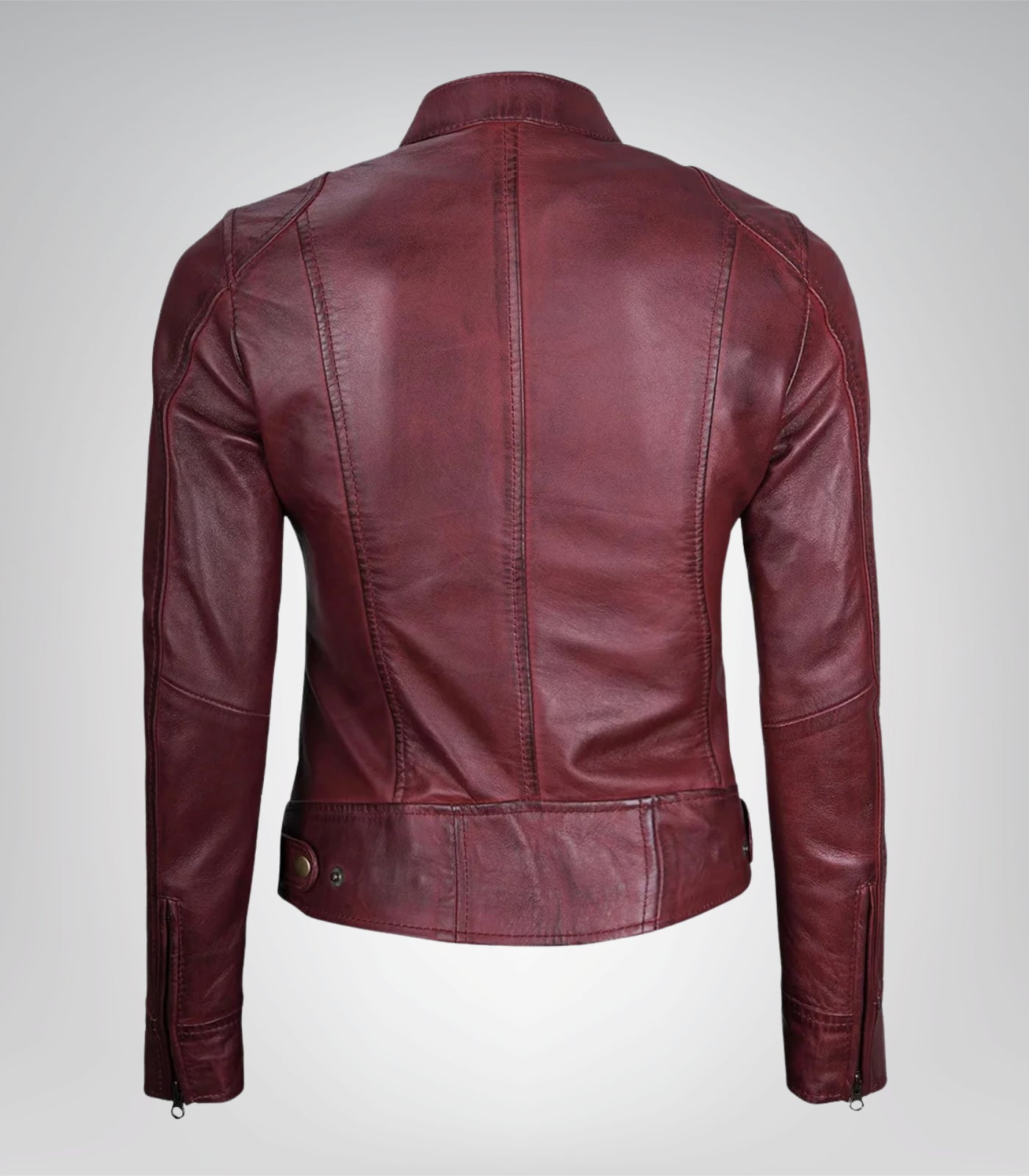 Women’s genuine burgundy leather motorcycle jacket