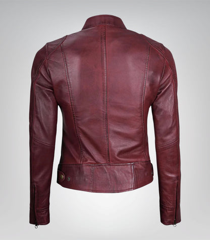 Women’s genuine burgundy leather motorcycle jacket