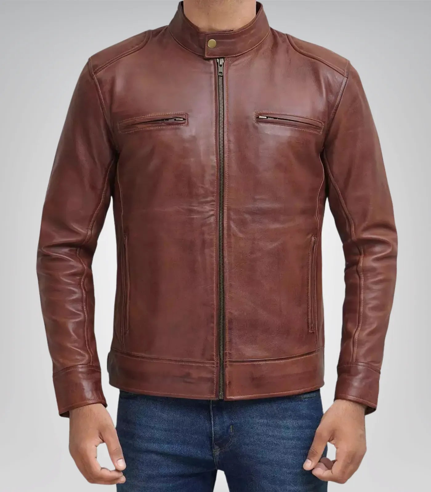 Men’s tall fit leather jacket – cognac brown premium biker outerwear
