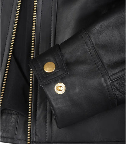 Women’s premium black leather biker jacket – lambskin material with golden hardware