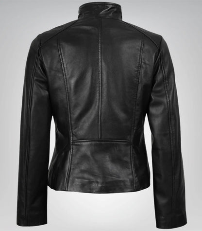 Women’s black leather moto jacket – asymmetrical zip closure, timeless biker look